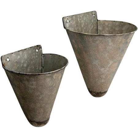Primitive Distressed Galvanized Cone Shaped Bucket Wall Planters 11 3/4 Inch 